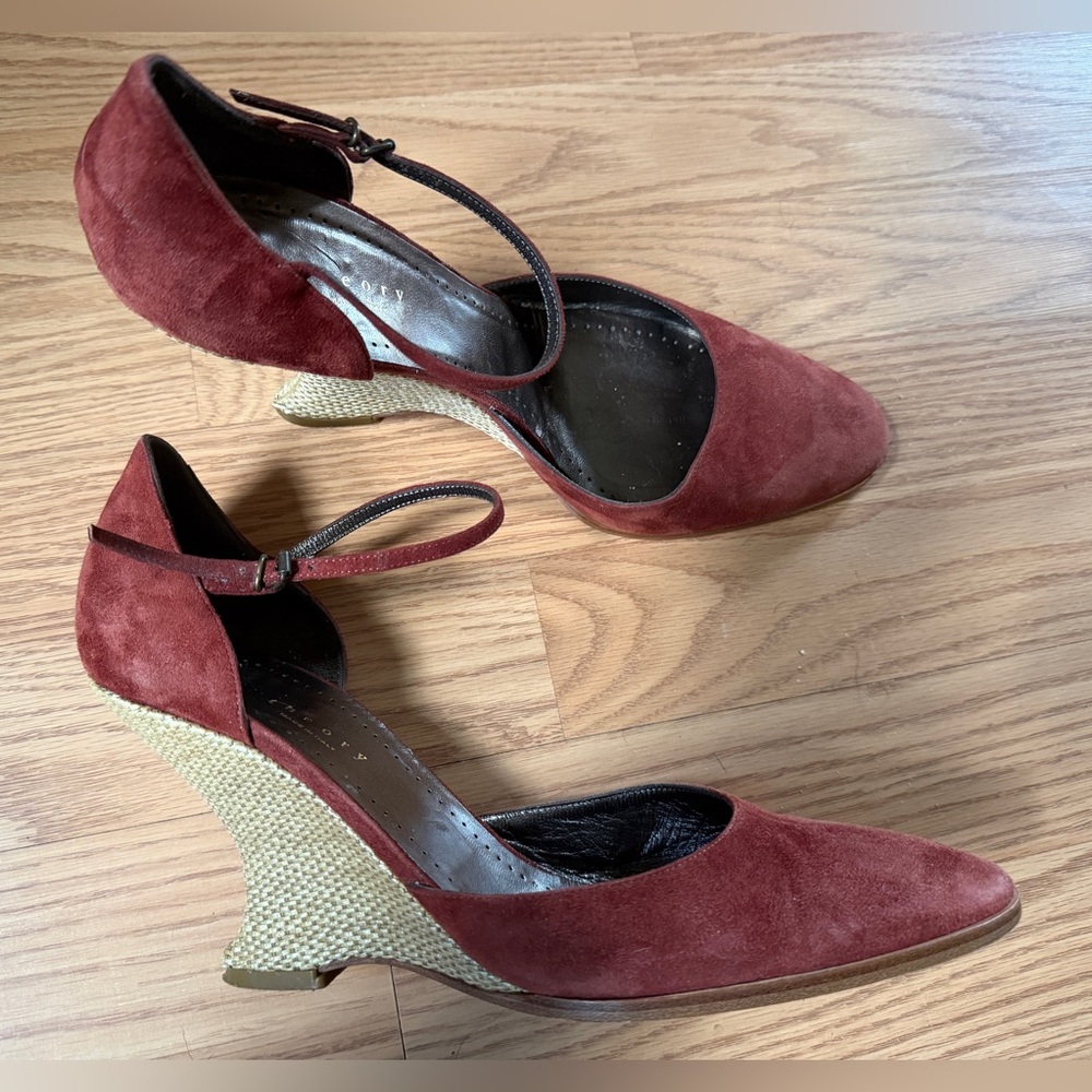 Theory Suede Ankle-Strap Wedge Pumps in Rust Brown